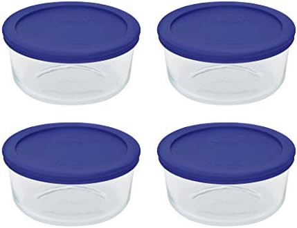 Four cup glass bowls with blue lids