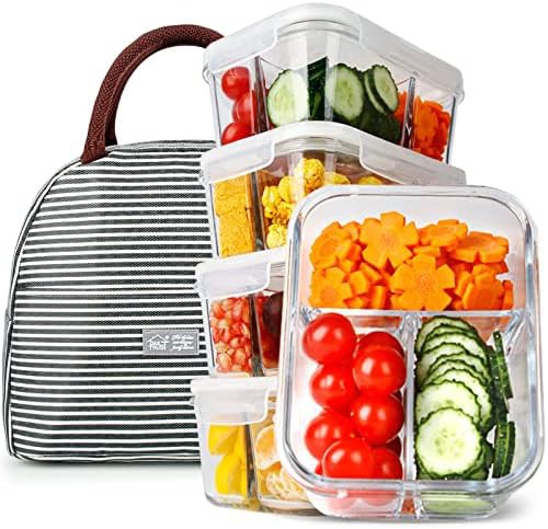 Three compartment glass bento box containers