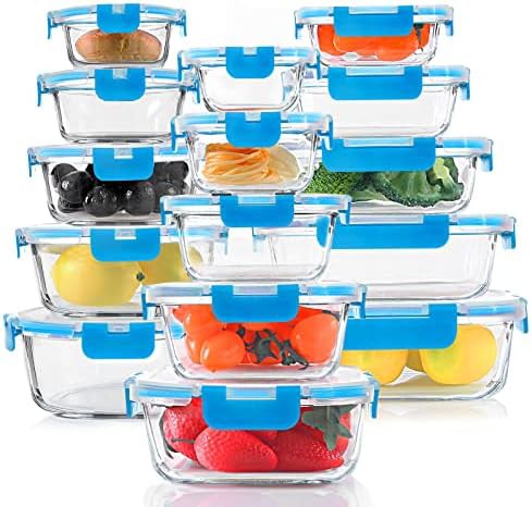 KOMUEE 30 pieces glass food storage containers blue