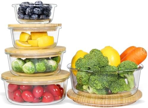 Round glass food storage set with bamboo lids