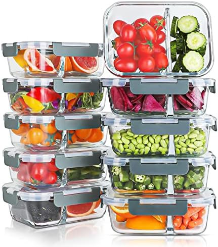 KOMUEE 10 pack 30oz divided glass containers large