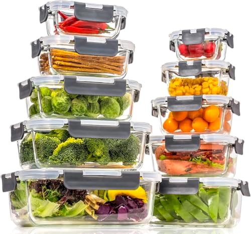 Large rectangular glass meal prep twenty piece set