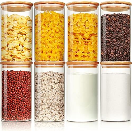 Eight pack of glass canisters with bamboo lids
