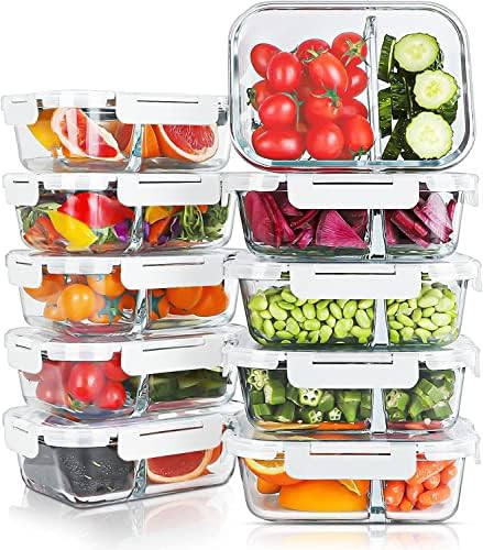 KOMUEE 10 pack 30oz divided glass containers white