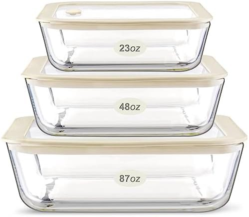 White rectangular glass food containers with glass lids