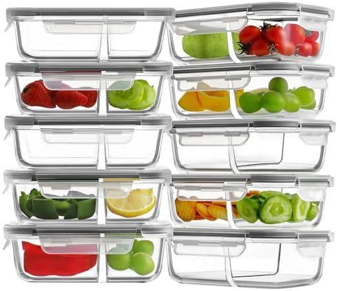 Two compartment 24oz glass containers with grey lids