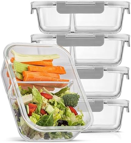 Two compartment glass portion control containers