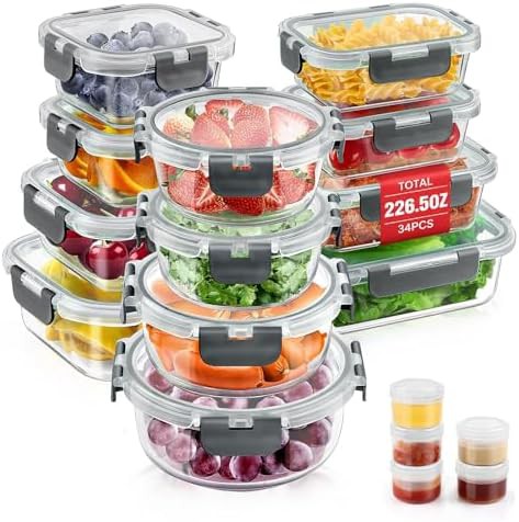 Gray round glass food storage 34 piece set