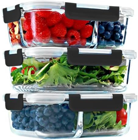Rectangle airtight glass containers with three compartments