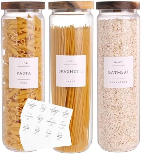 Tall glass pantry jars with acacia lids