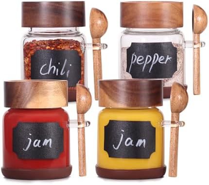 Glass spice jars with acacia lids and spoons