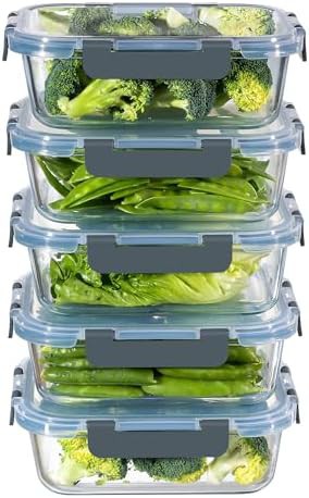 Five pack of gray airtight glass storage containers