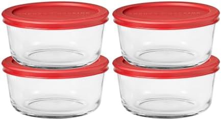 Four cup round containers with red lids