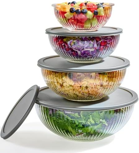 Ribbed glass mixing bowls with lids