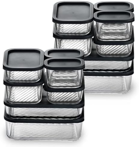 Stackable glass meal prep with black lids