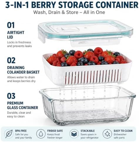 Glass berry containers with removable colanders — photo 3